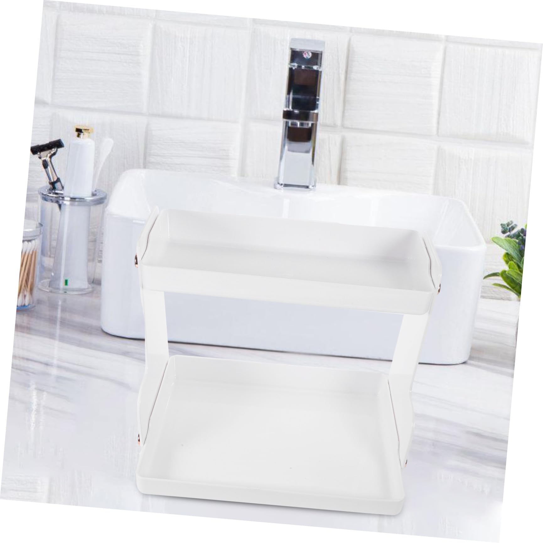 Organizzatore da Bagno a Doppio Ripiano Bianco in Acciaio Inossidabile e Pet, Scaffale da Appoggio per Cosmetici e Articoli da Toeletta, per Bagno e Comodino