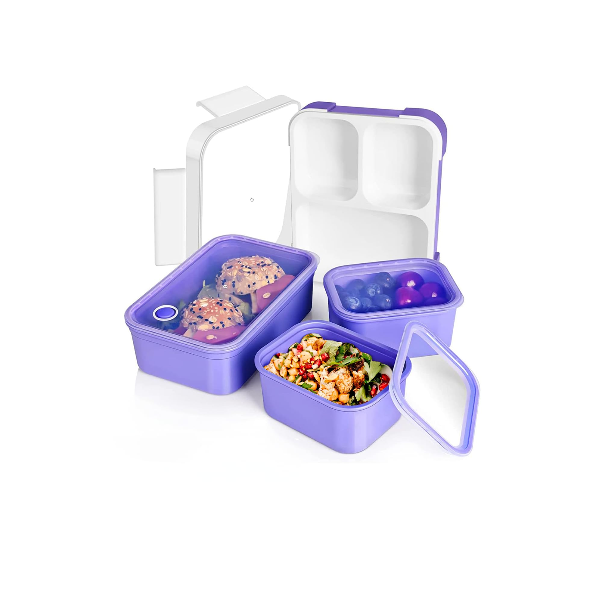 NIXUIOBento Lunch Box Plastic [3 Removable Compartments] For Adults, Kids - Safe Microwave|Dishwasher|Freezer - BPA Free, Leakproof, Snack Box for School, Work [Purple, 1260 ML]