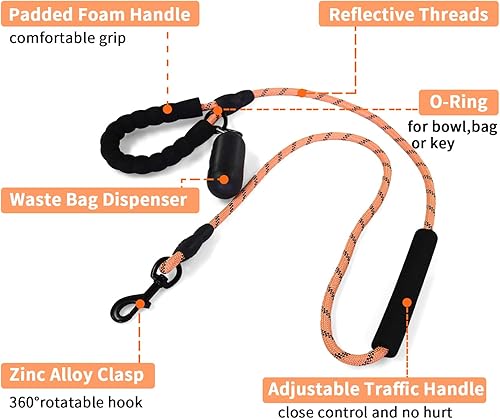 Miniatura 4 de NESTROAD Correa resistente para perro con 2 asas acolchadas, correa de cuerda de alta reflexión con soporte para bolsa de excrementos para perros