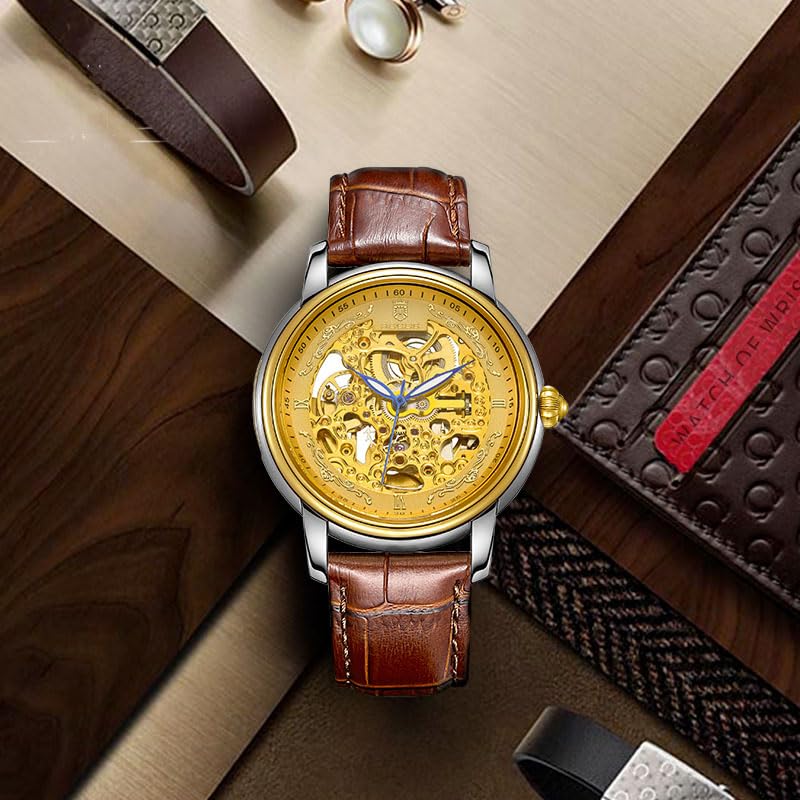 Image of ROCOSJEWE Men Analogue Luxury Watches Automatic Skeleton Watch Leather Strap Gold Dial Anti Shock Self Winding Dress Business Wristwatch Waterproof Luminous RW00142 Brown