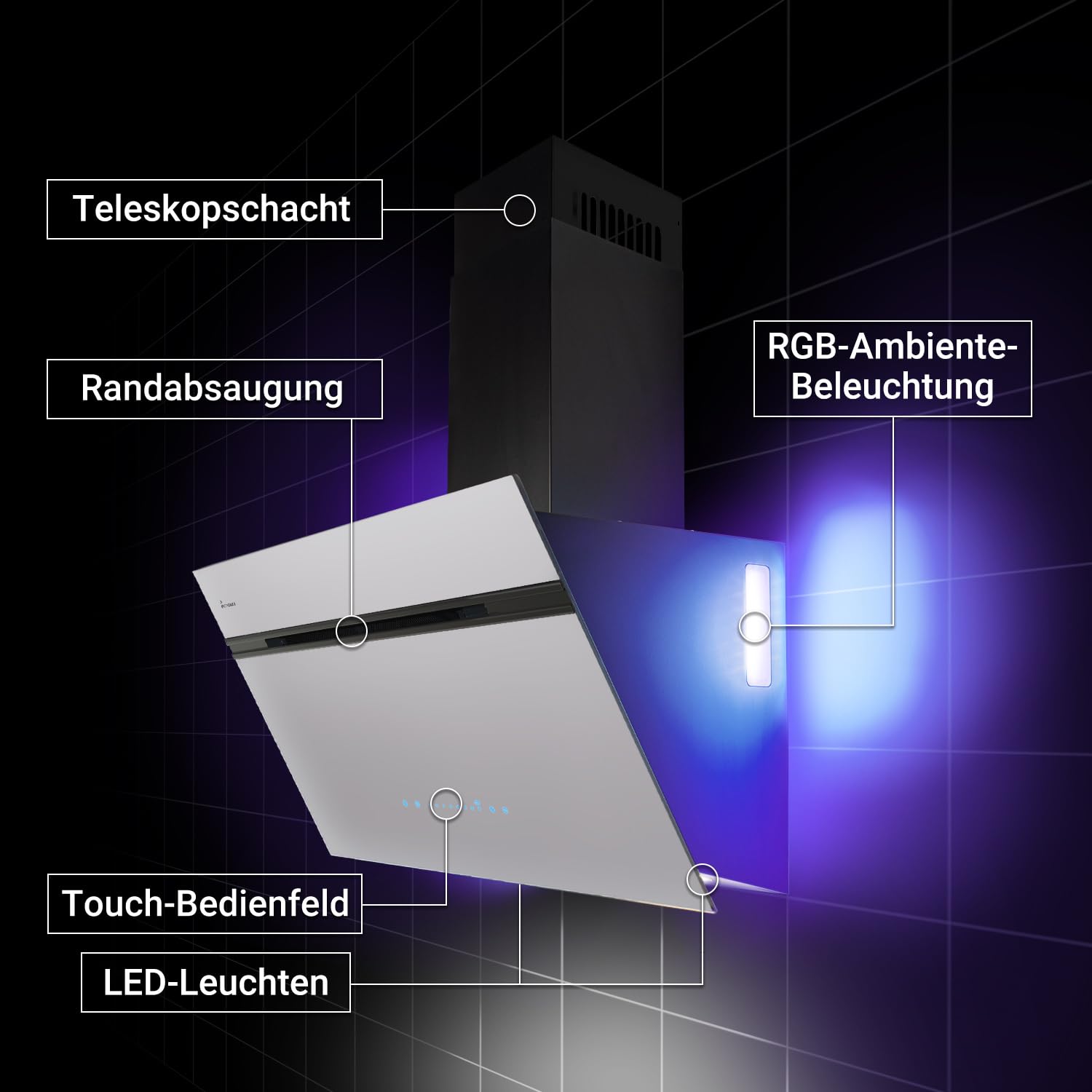 KKT KOLBE A+++ okap kuchenny 90 cm 782 m³/h obieg powietrza wylotowego bez głowy | czarne białe szkło | automatyczne postępowanie | Smart WiFi App WLAN | SensorTouch | RGBW oświetlenie LED |