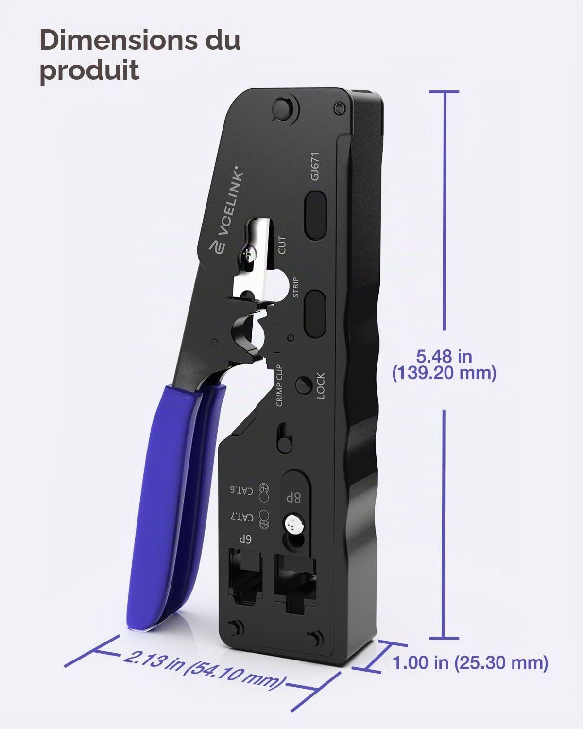 VCELINK GJ671BL Pince à Sertir RJ45 pour Connecteur Réseau CAT5/CAT5E/CAT6/CAT6A/CAT7 Fiche Réseau RJ45 à Sertir et Prise Téléphone 6P RJ11