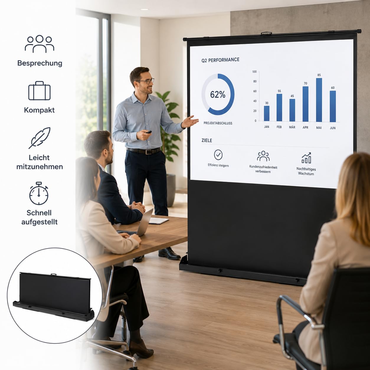 Schermo per proiettore da pavimento, autoportante, pull-up, portatile, per sale di proiezione domestica, camera da letto, sale riunioni (60", 16:9)