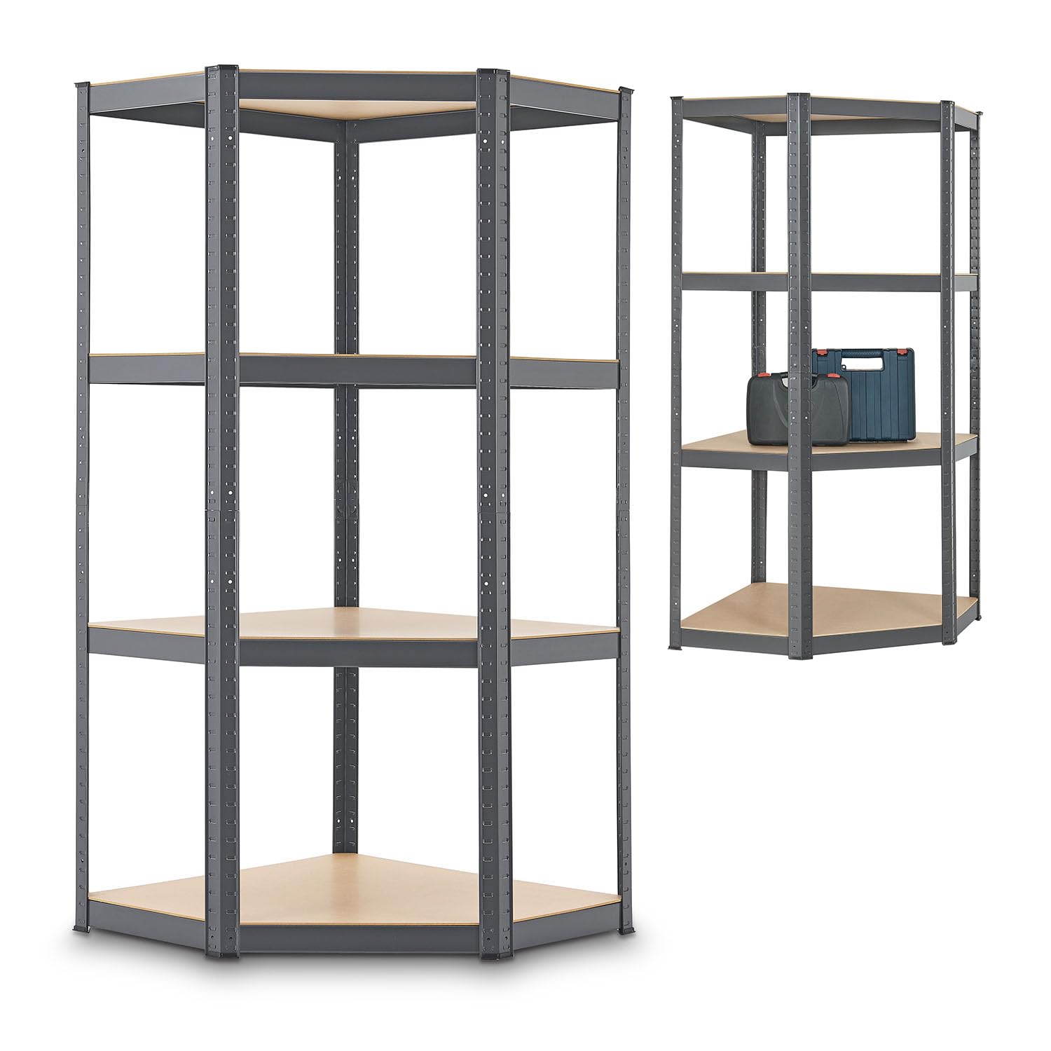 Juskys Eckregal Lageregal Corner Easy 160 x 75 x 40-75 cm - 320 kg, 4 Böden MDF Holz - Metall verzinkt - Schwerlastregal Steckregal Kellerregal Grau