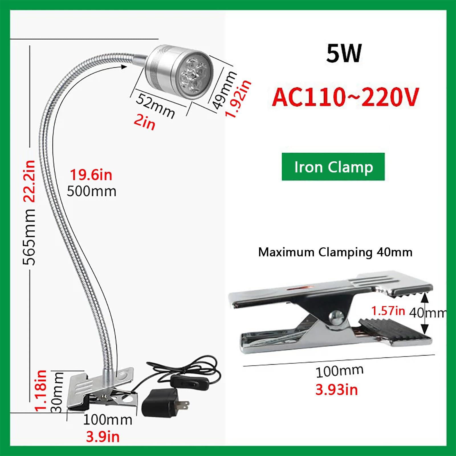 Lampada da Lavoro Flessibile a Collo D'oca con Morsetto, Lampada da Lavoro per Macchine Utensili, Illuminazione Industriale Portatile, per L'ufficio Domestico, Tornio(Iron clamp,5W 110~220V)