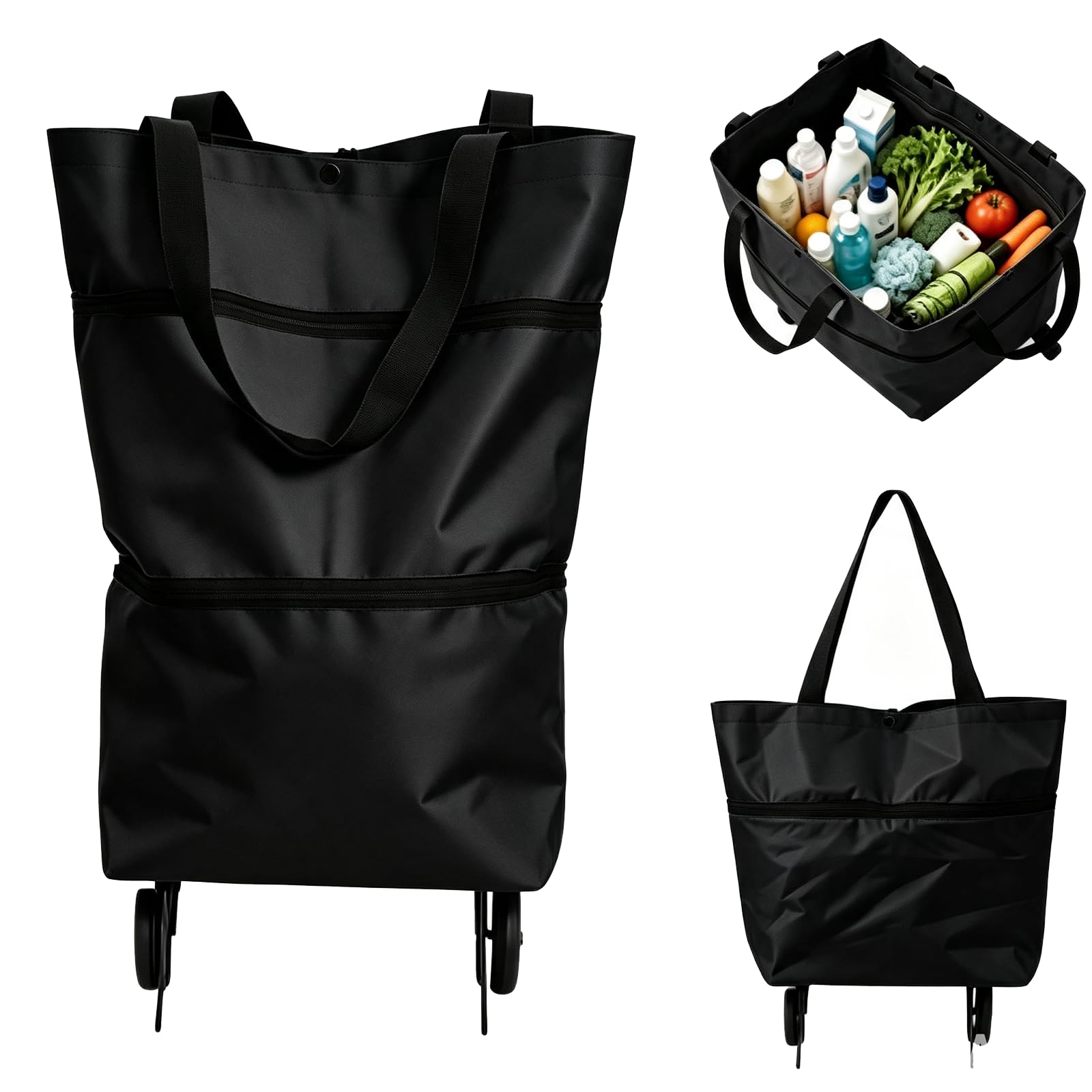 2-In-1 Foldable Shopping Cart, Collapsible Shopping Bag With Wheels, Oxford Cloth Grocery Bag Hand Truck, Portable Rolling Tote, Folding Shopping Cart For Supermarket,Laundry,Travel (Black)