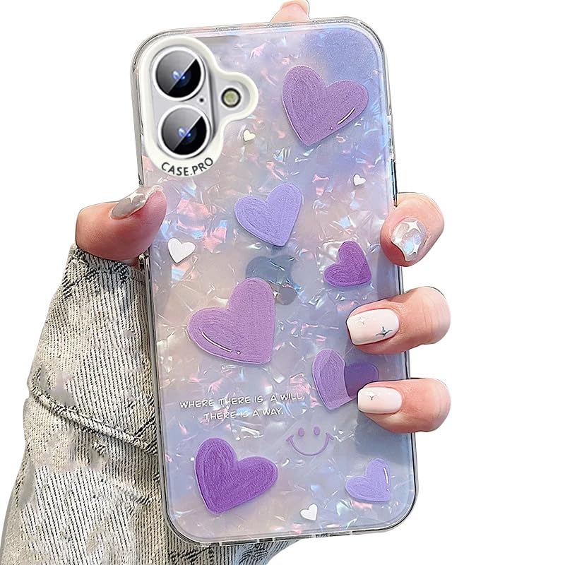 Image of mobistyle Designed for iPhone 16 Plus Cover Cool Shining Shell Love Heart Pattern Design with TPU Edges Phone Back Cover Case for Girls & Women (Purple)