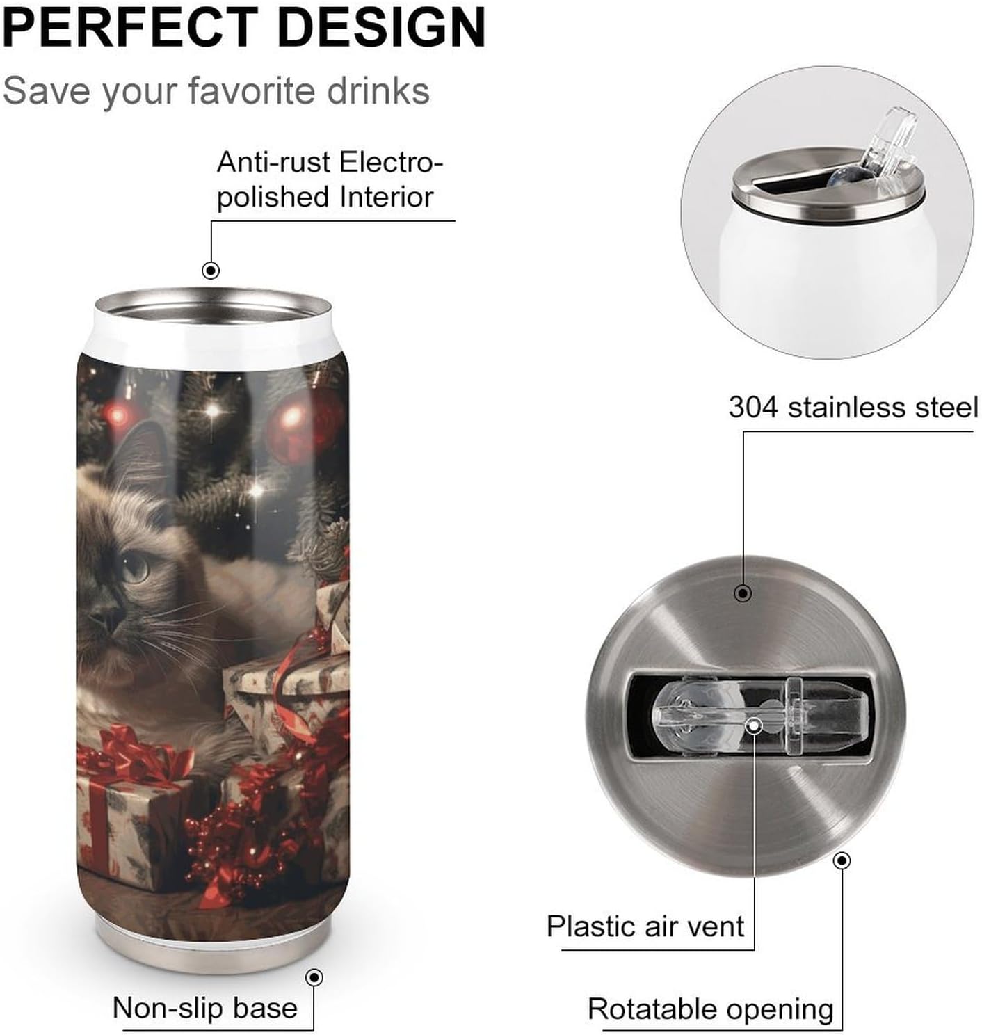 Stainless Steel Cups Christmas Siamese Cat Printed Coke Cup Stainless Steel Insulated Cups with Lid And Straw