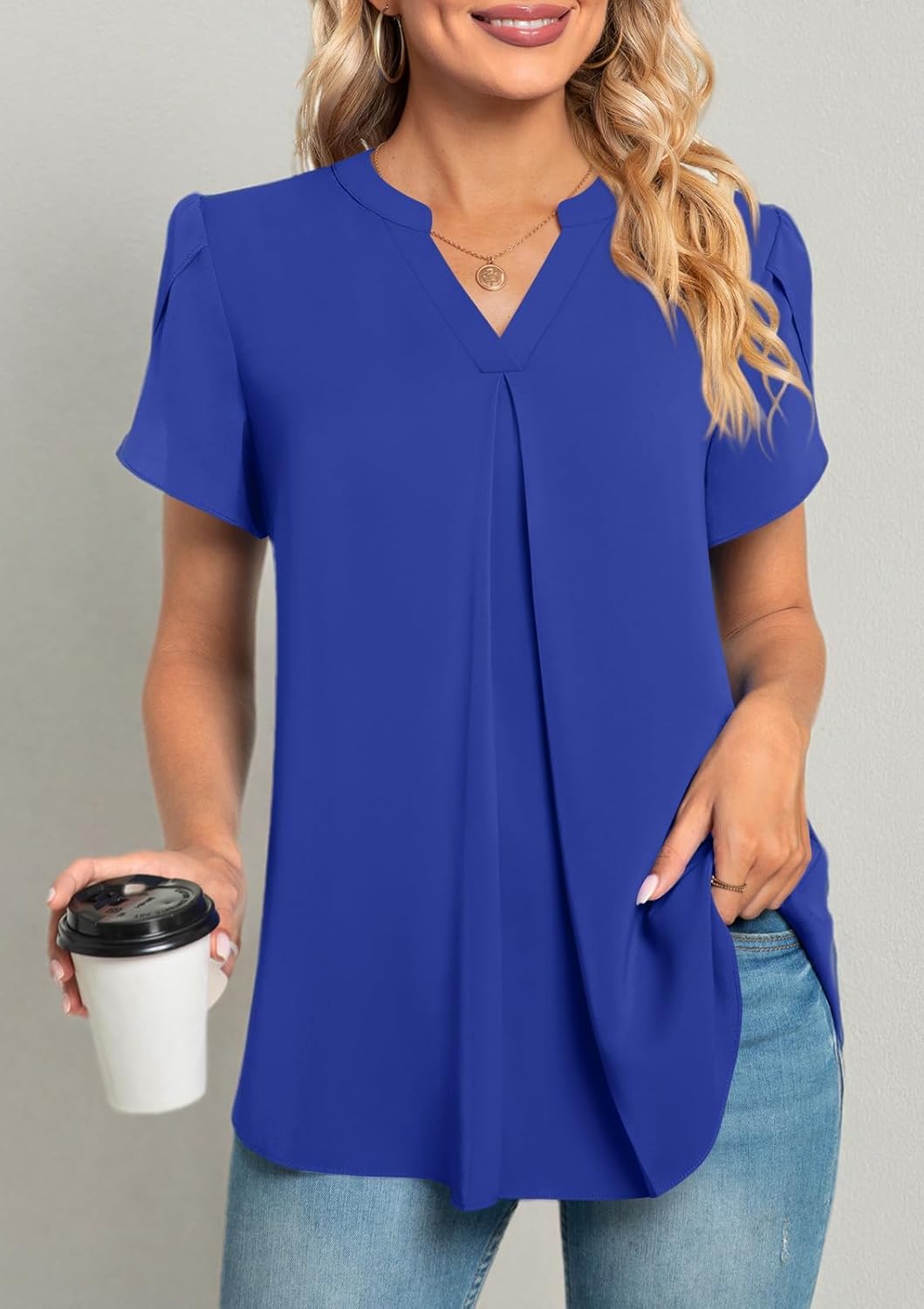 Anyhold Women's Summer Dressy Chiffon Blouse Notch V Neck Petal Sleeve Tops Loose Casual Cute Shirts for Work - Image 6