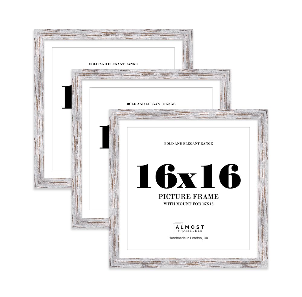 16x16" Distressed Wood Square Frame With Mount for 15x15" Pictures 28mm Edge Frame Display with Wall Hooks, 3 Pack