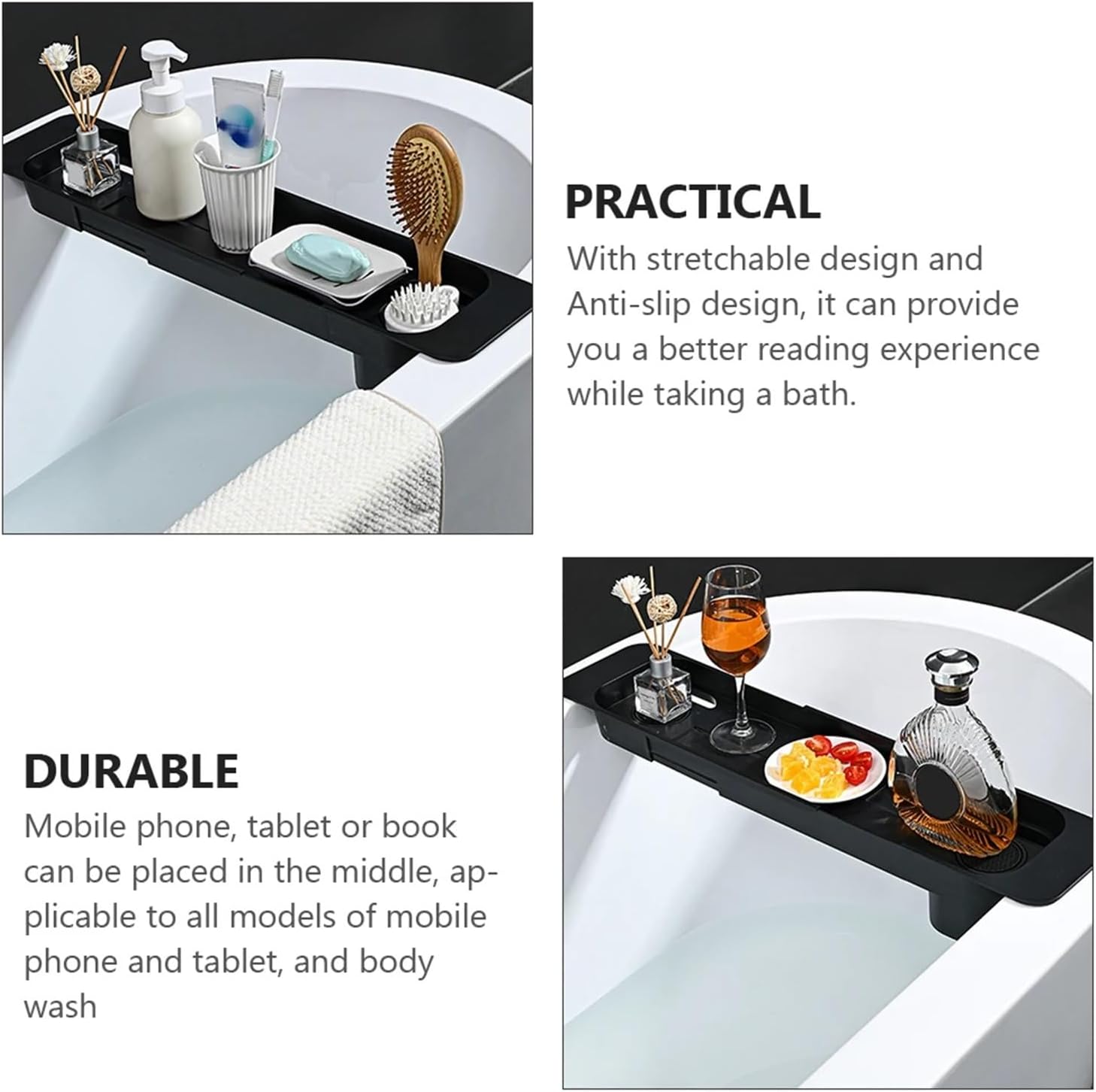 Collapsible Bathtub Rack Tray Accessories Shelf Black Plastic Retractable Bathroom