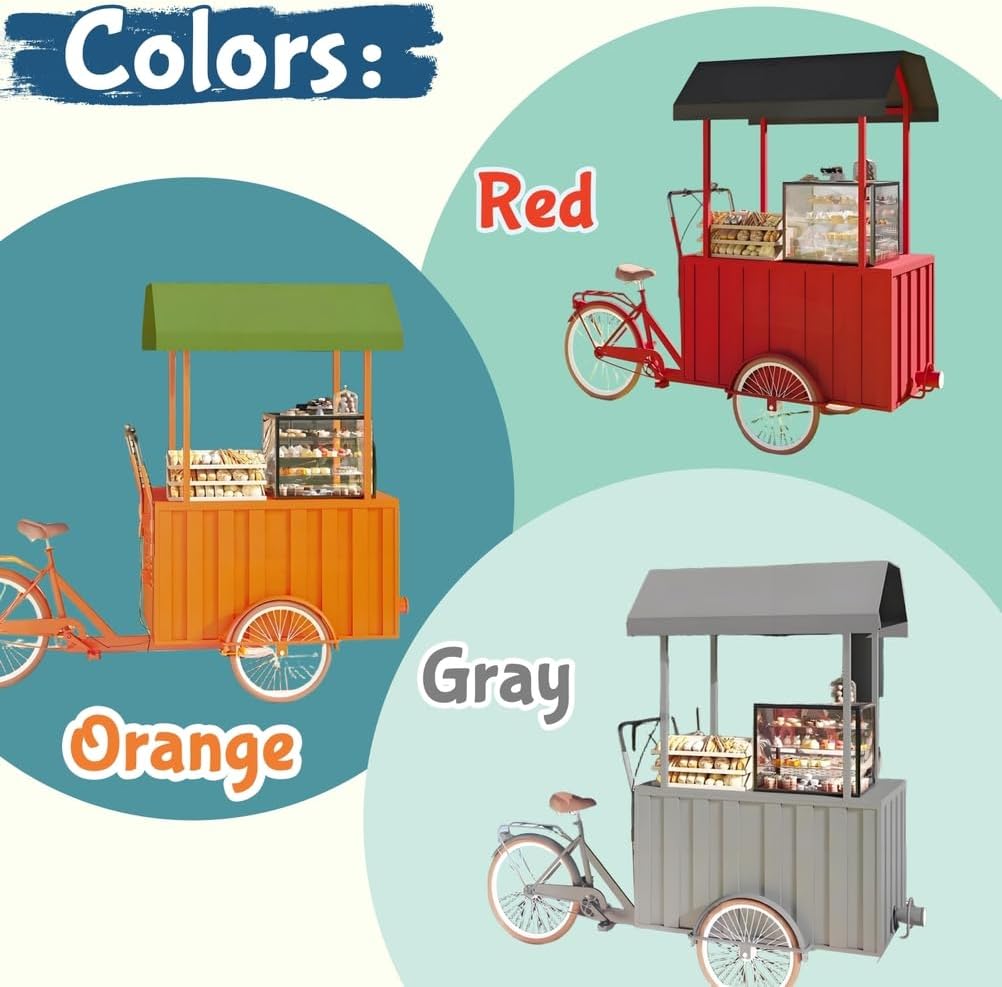 Portable Type Vending Cart Three Wheel, Outdoor Sunshade Dining Tricycle, Large Food Bike Carts, Market Stall Snack Trailer for Sale Flowers, Toys, Food,Red