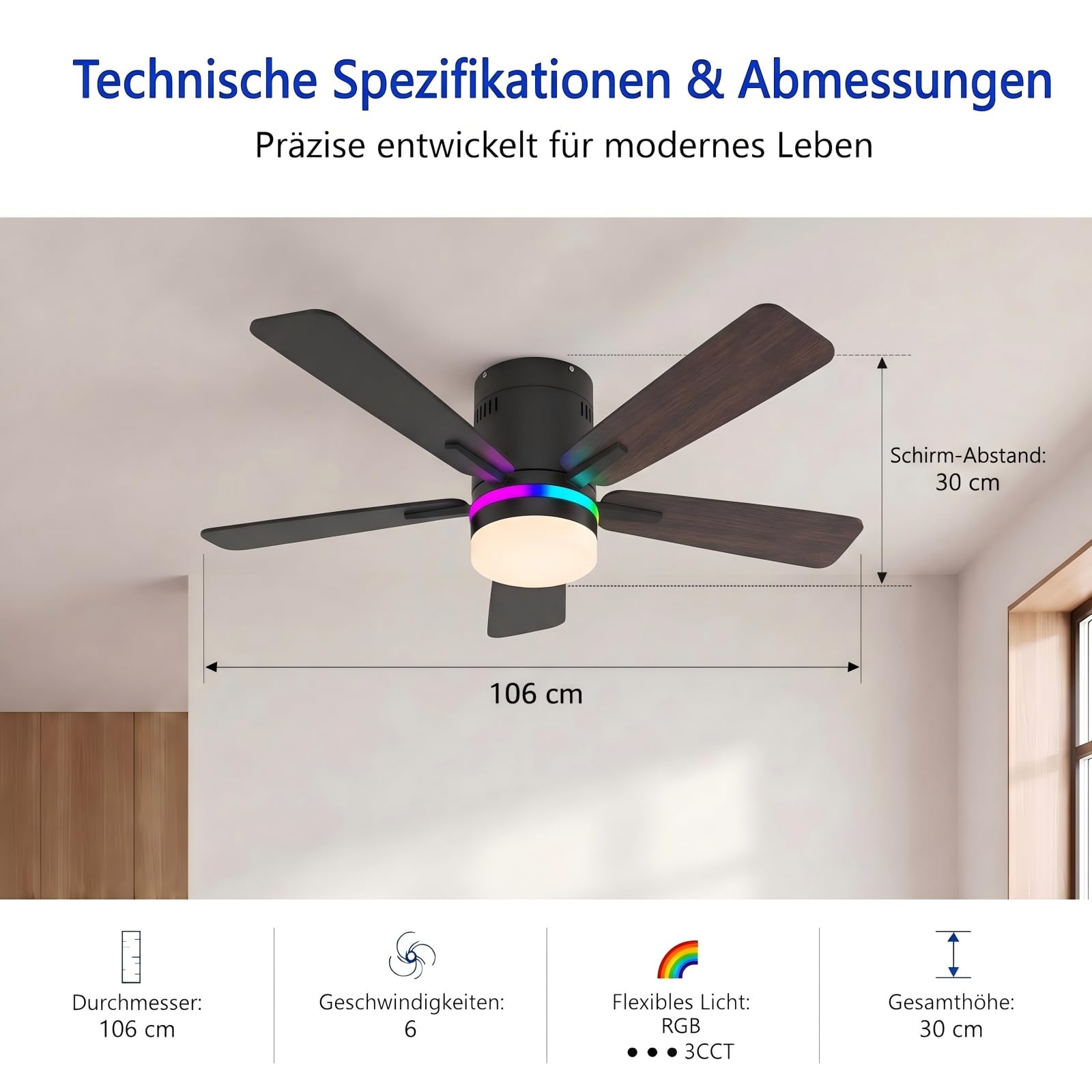 Deckenventilator mit RGB-Beleuchtung Schlafzimmer | Fernbedienung& App, 6 Stufen, Timer, 3CCT LED, Sommer-/Wintermodus, 5 Doppelseitige Flügel, Schwarz, für Wohn- & Schlafzimmer