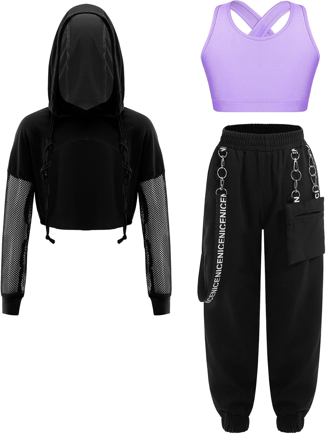 iiniim Girls Jazz Street Dance Outfits 3 Piece Sweatsuits Hip Hop Dance Sweatshirt Sport Bra Jogger Pants Set