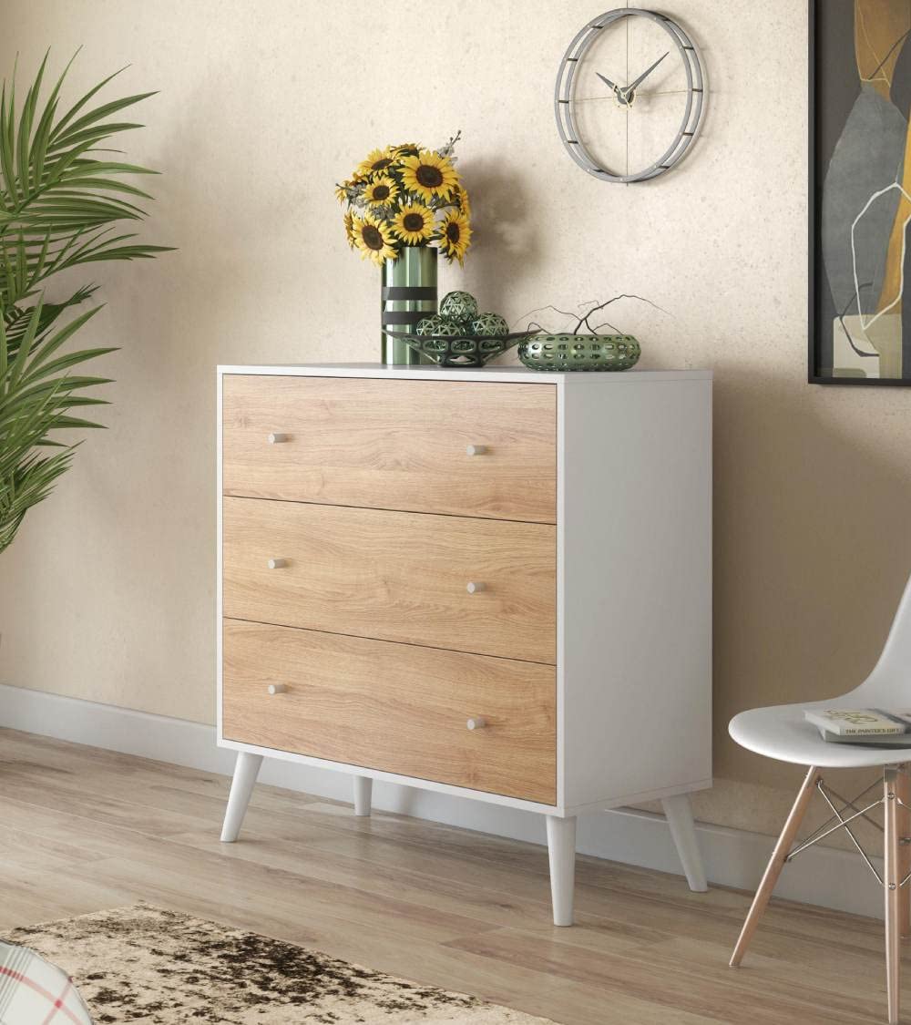 Home Heavenly® - Cómoda Dormitorio 3 cajones Leah, Estilo nórdico, Color Blanco y Roble, 106x100x45 cm.