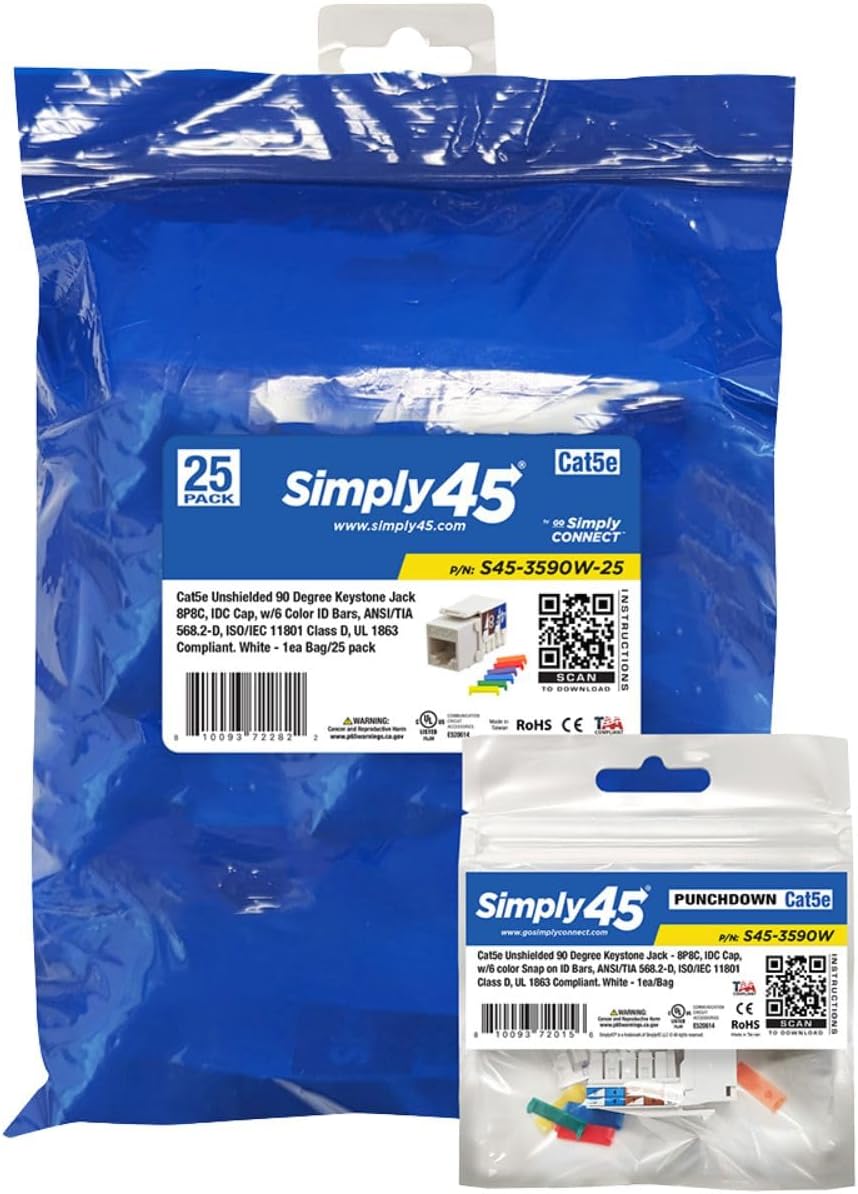 Simply45 Cat5e Unshielded 90 Degree Keystone Jack - White, 25 Pack - 8P8C, IDC Cap, ANSI/TIA 568.2-D, Supports S45 Snap-On ID Bars - S45-3590W-25