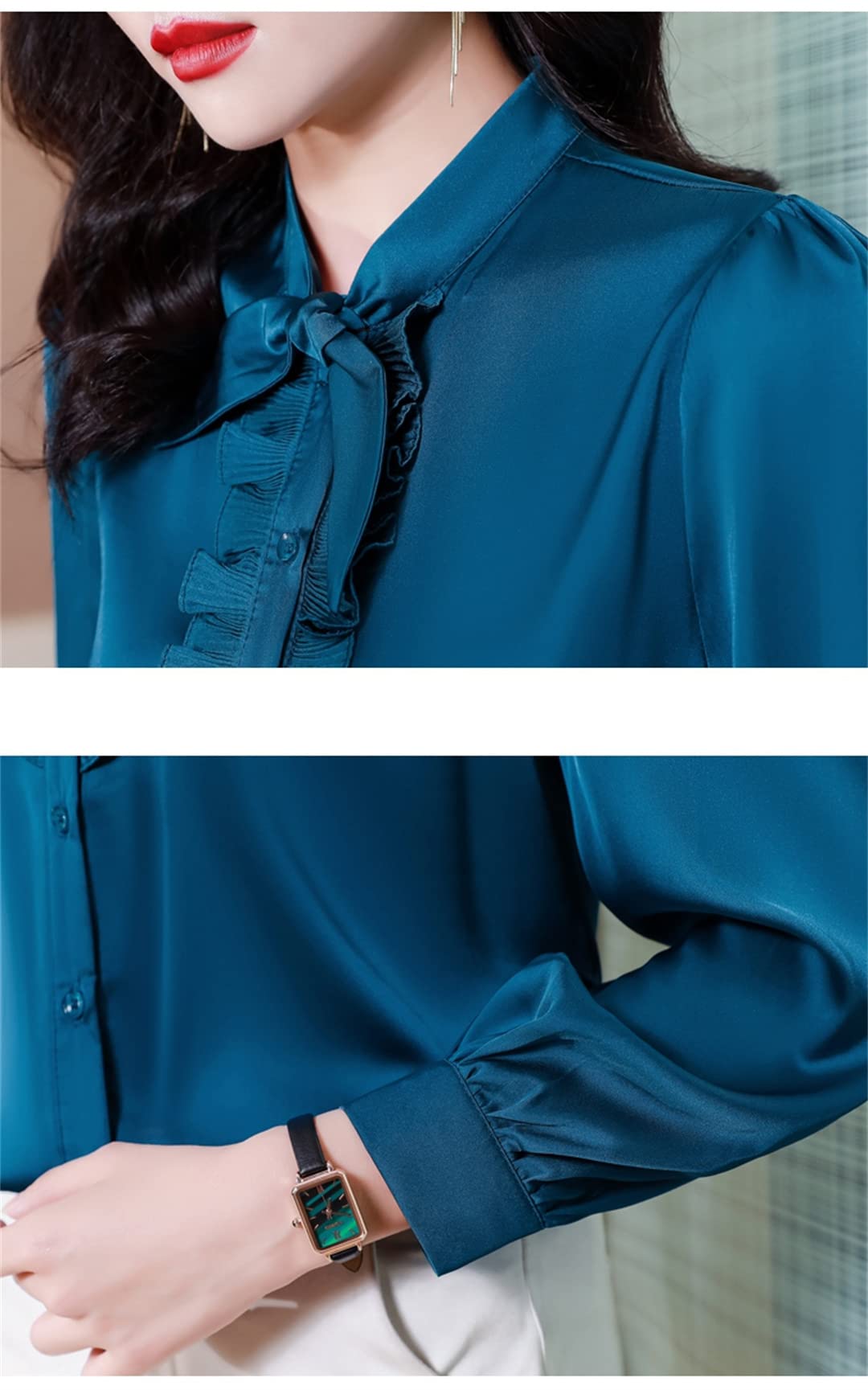 Blusa de satén de Seda con Cuello de Lazo en la Parte Delantera con Volantes para Mujer Camisas de Oficina de Manga Larga de Primavera para Mujer Pic-4 L