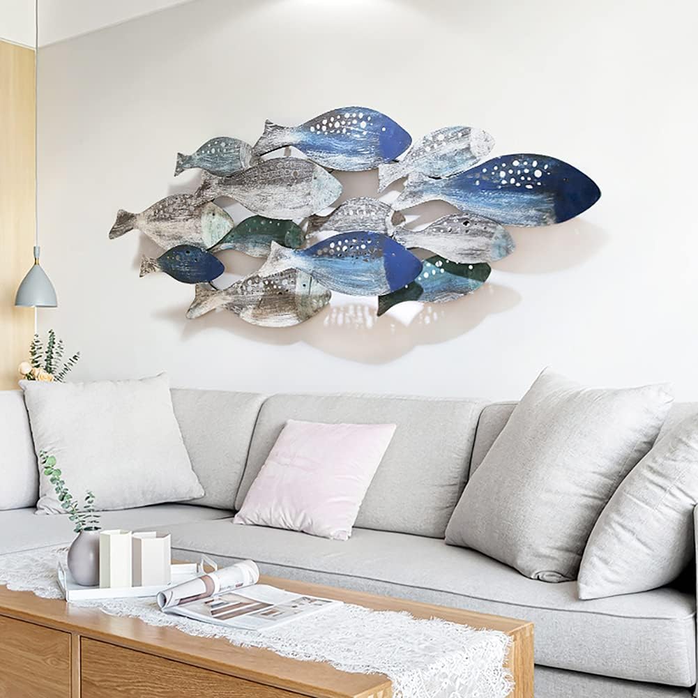 WHLONG School of Fish Wall Art, Nautical 3D Metal Hanging
