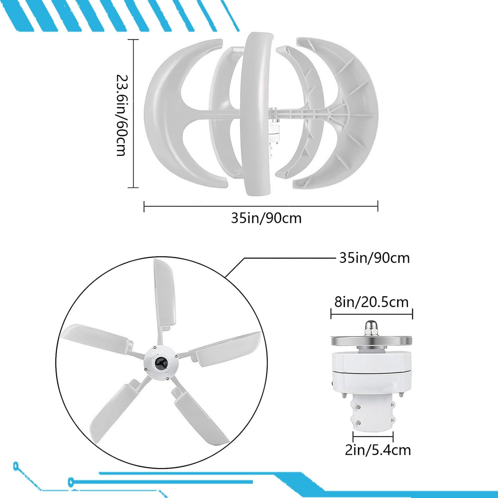 Generador de Turbina Eólica Vertical Sin Ruido de 16000W Aerogeneradores 12V 24V 48V Kit De Generador de Turbina Eólica Vertical Portátil con Controlador para Uso Doméstico Residencial(White,24V)