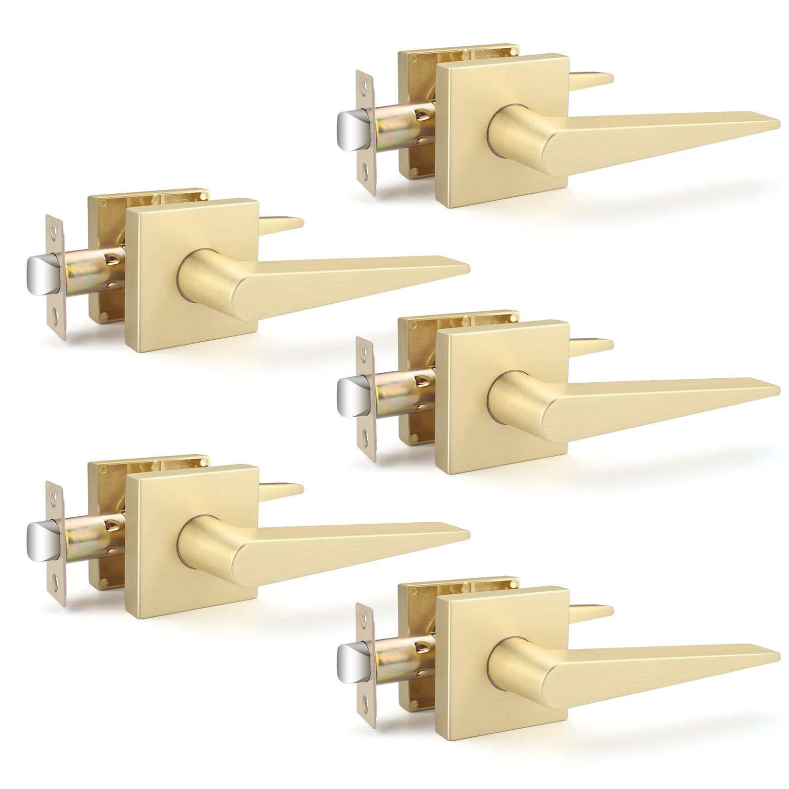 EHOMEWARE Gold Door Handle Heavy Duty, 5 Pack Satin Brass Door Knob Reversible Square Door Lever for Hallway/Closet, Passage Door Levers Without Keys