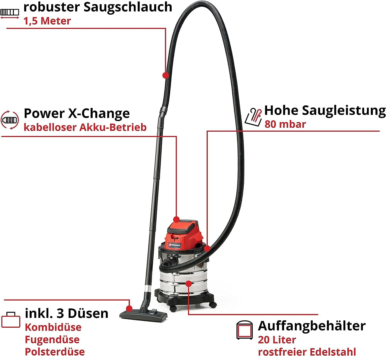 Einhell Akku-Nass-Trockensauger TC-VC 18/20 Li S-Solo Power X-Change 18 V 20 L Edelstahlbehälter