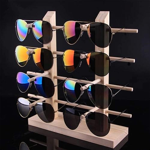 Miniatura 6 de Soporte de soporte de exhibición de gafas de sol de madera, doble fila 8 pares de lino organizador de gafas de mesa Estante de almacenamiento al por