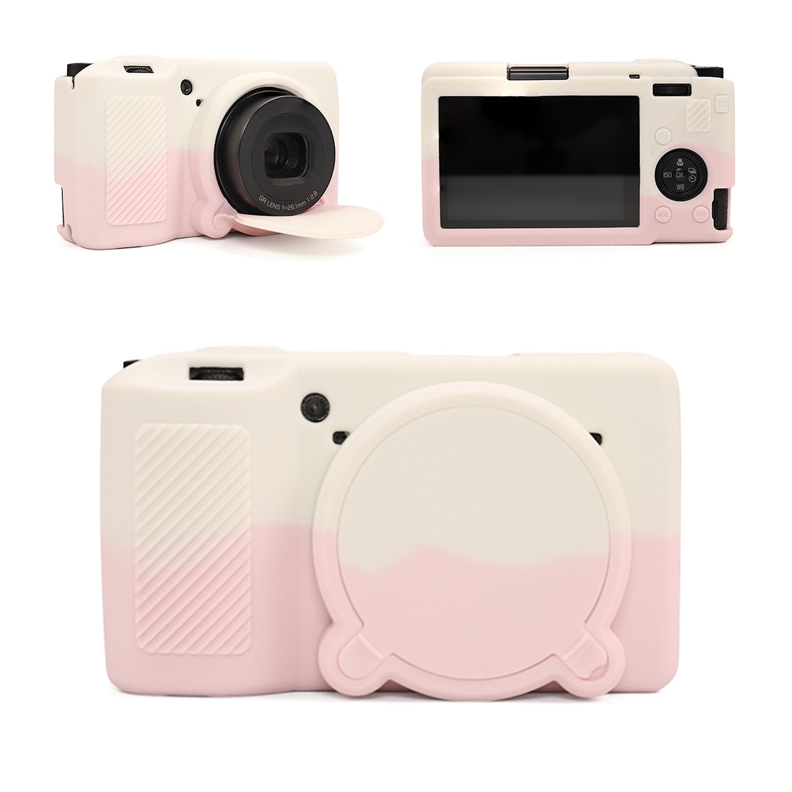 MUZIRI KINOKOO Silicone Case Compatible for Ricoh GR III/GR IIIx Camera, Soft Lightweight Rubber GR III/GR IIIX /GR3 Protective Case Cover Accessories with Removable Lens Cover - Misty Pink&White