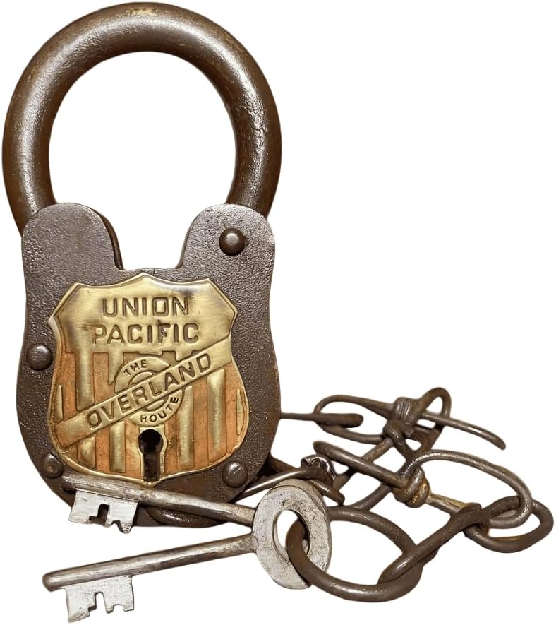 Union Pacific Railroad The Overland Route Cast Iron Lock and Keys with Chain and Antique Finish (5" x 3.5")