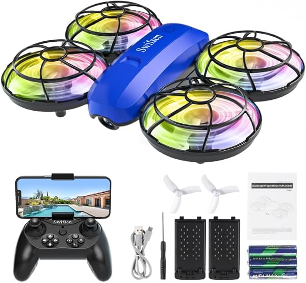 Dron Swifsen para niños con cámara, helicóptero pequeño RC de interior, regalo de cumpleaños para niños y niñas principiantes, mini cuadricóptero con 2 baterías, protección de hélice, altitud fija