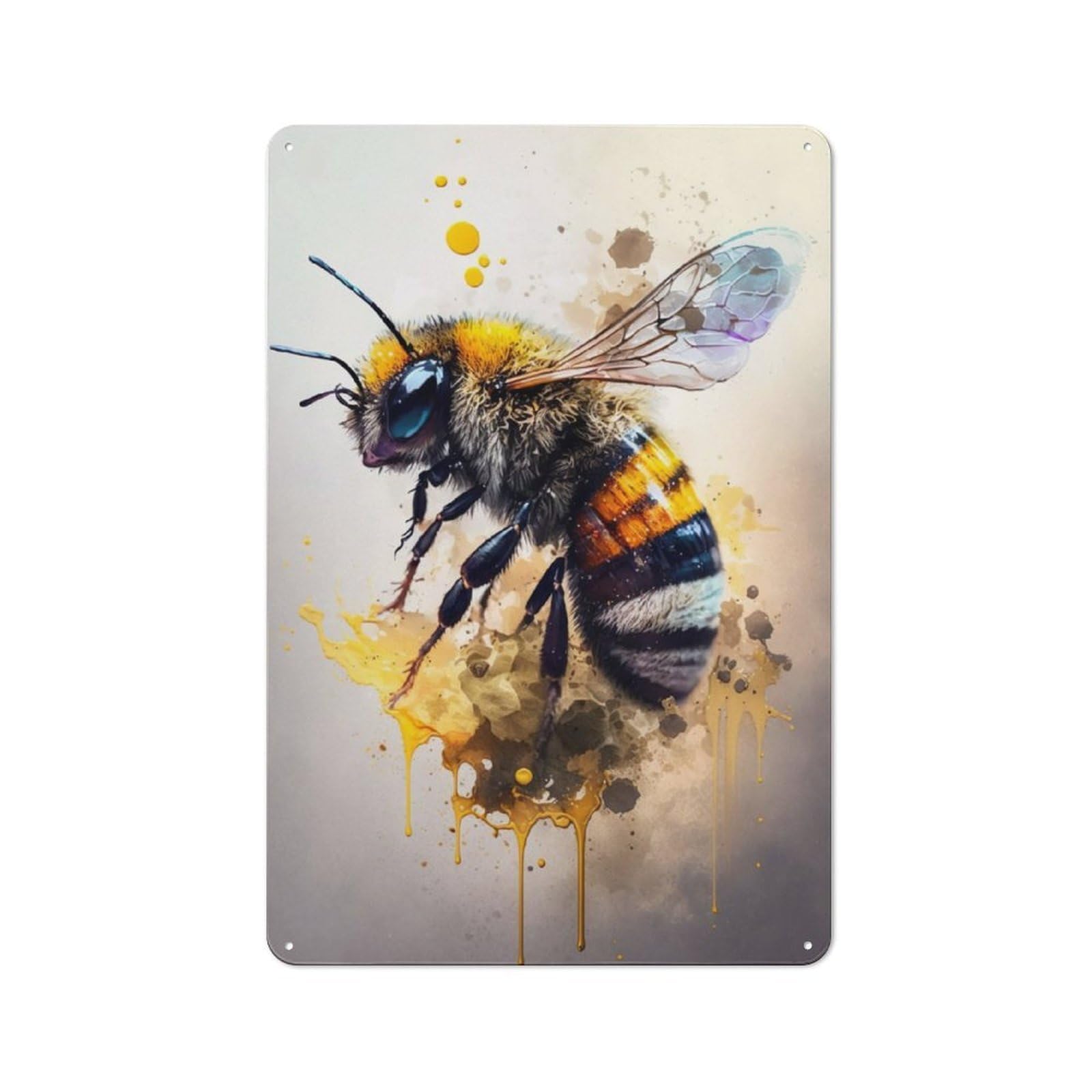 Junmoney Bee Watercolor Sketch Printed Metal Sign 30X20cm For Garage Or Workshop, For Kitchen, Dining Room And Home Bar Wall Decor