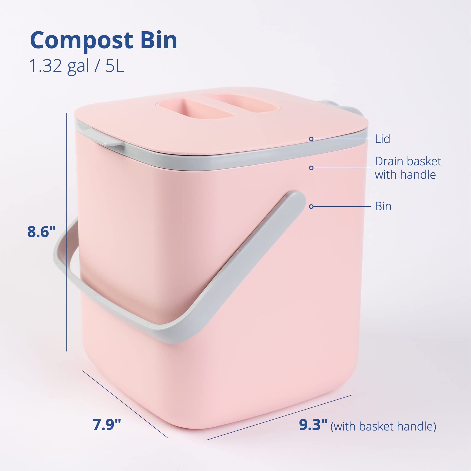 BLUE GINKGO Kitchen Compost Bin - Easy Clean Food Waste Bin for Kitchen with Handles | Countertop Compost Bin Kitchen Food Scrap Pail Bucket | Made in Korea (1.32 gal, 5 L) - Pink