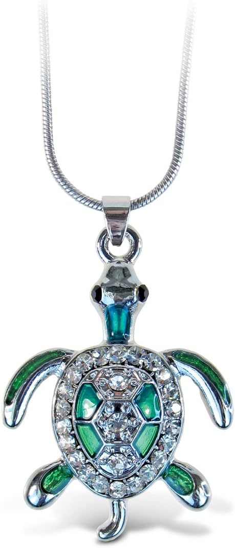 Green Sea Turtle Necklace, 18 Inch Fashionable & Elegant Silver Chain Jewelry with Rhinestone Studded Pendant For Teens and Women Fashion Accessory