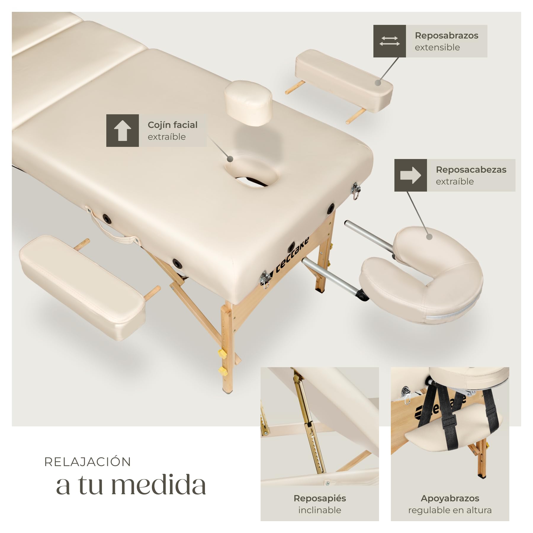 tectake Camilla Masaje Plegablle para Fisioterapia Tatuajes Quiromasaje, Camilla Portátil Ajustable para Estética Belleza, Carga 250kg y Acolchado de 7,5cm, con Accesorios - Beige