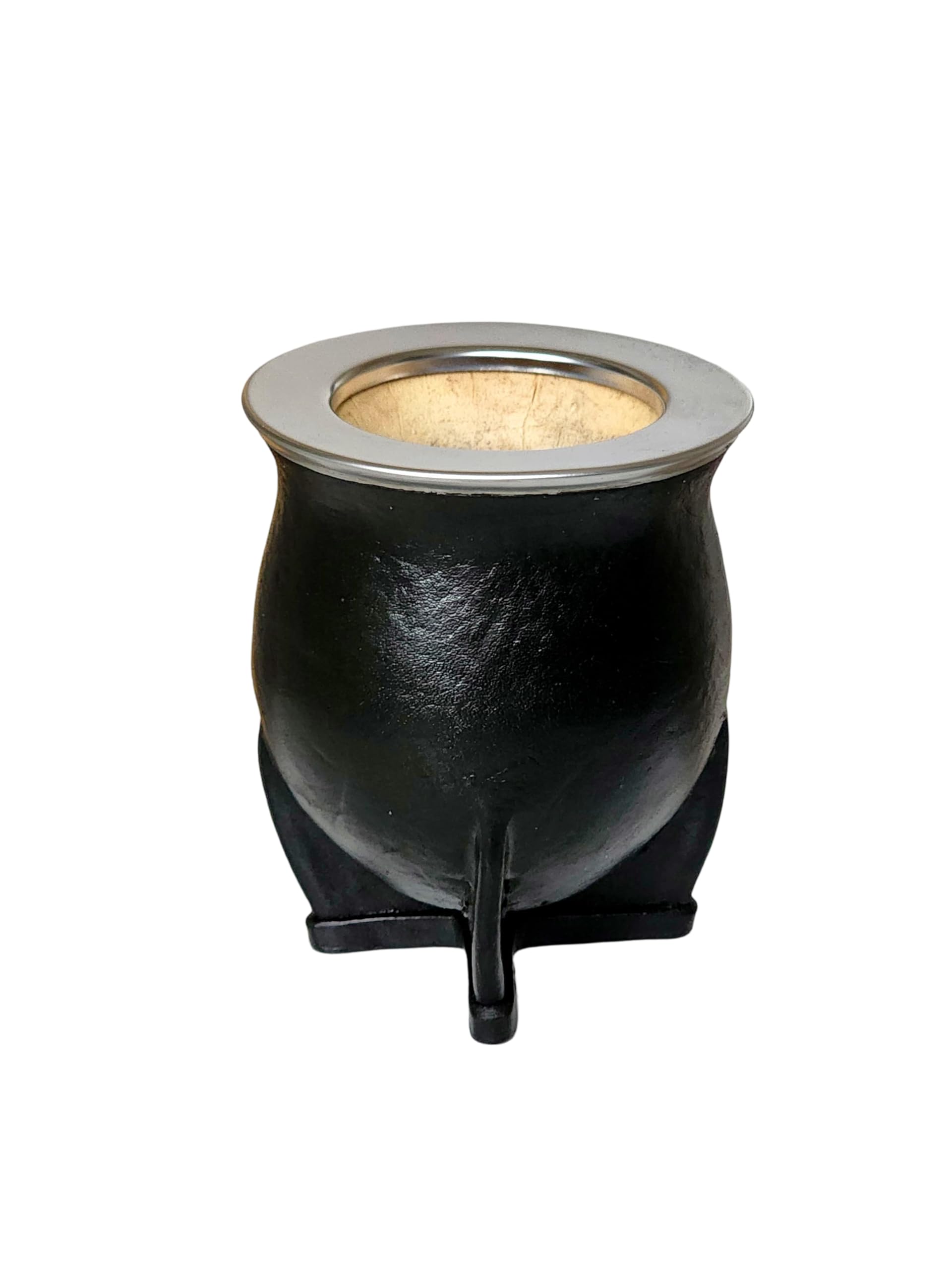 Taza Mate Argentino Hecho de Calabaza Natural - Mate de Calabaza con Exterior de Cuero Negro y Borde Liso de Acero Inoxidable - Incluye Bombilla