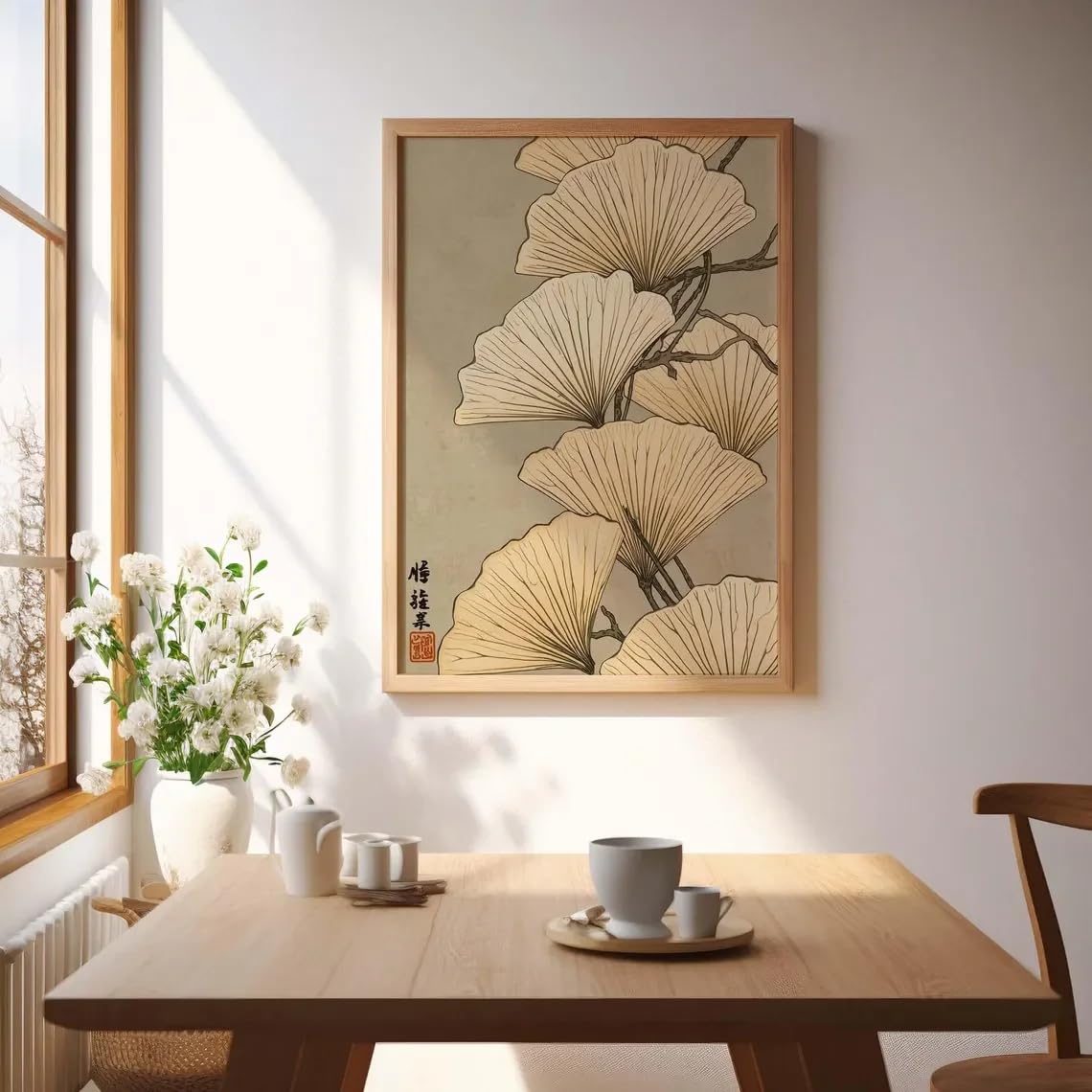 Dittelle Frameless Japanese Ginkgo Leaf Ukiyo-E Wall Art Print, Beige Botanical Poster, Japanese Beige Nature Decor, Minimalist Zen(30X40cm/Frameless)