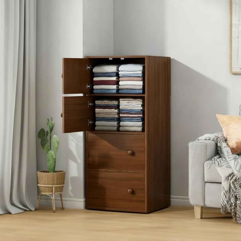 4 Door Premium Wooden Multi-Door Wardrobe Cabinet with Shelves | Space Saving Clothes Organizer Almirah for Bedroom, Living Room & Kids Room | Elegant Storage Almirah for Bedroom - Dark Brown