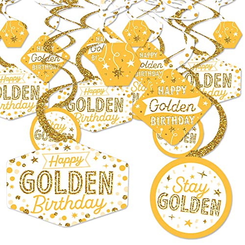 Big Dot of Happiness Golden Birthday Party Hanging Spiral Decorations, Premium Cardstock Party Decor Swirls with Clear Hooks, Double-Sided Birthday Party Supplies, 40-Piece Set
