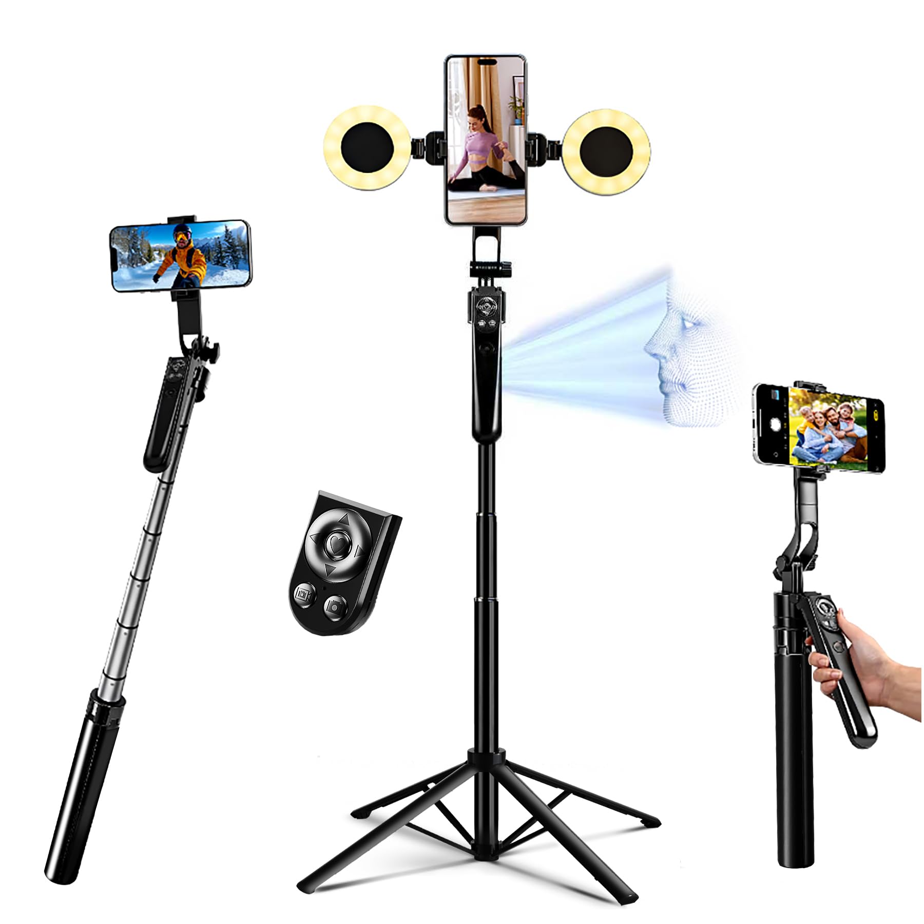 Auto Face Tracking Selfie Stick Tripod for iPhone with Light 360 Rotation That Follows Your Movement 70" Phone Camera Tripod Stand with Remote for Content Creator Vlog Live Stream Video Recording