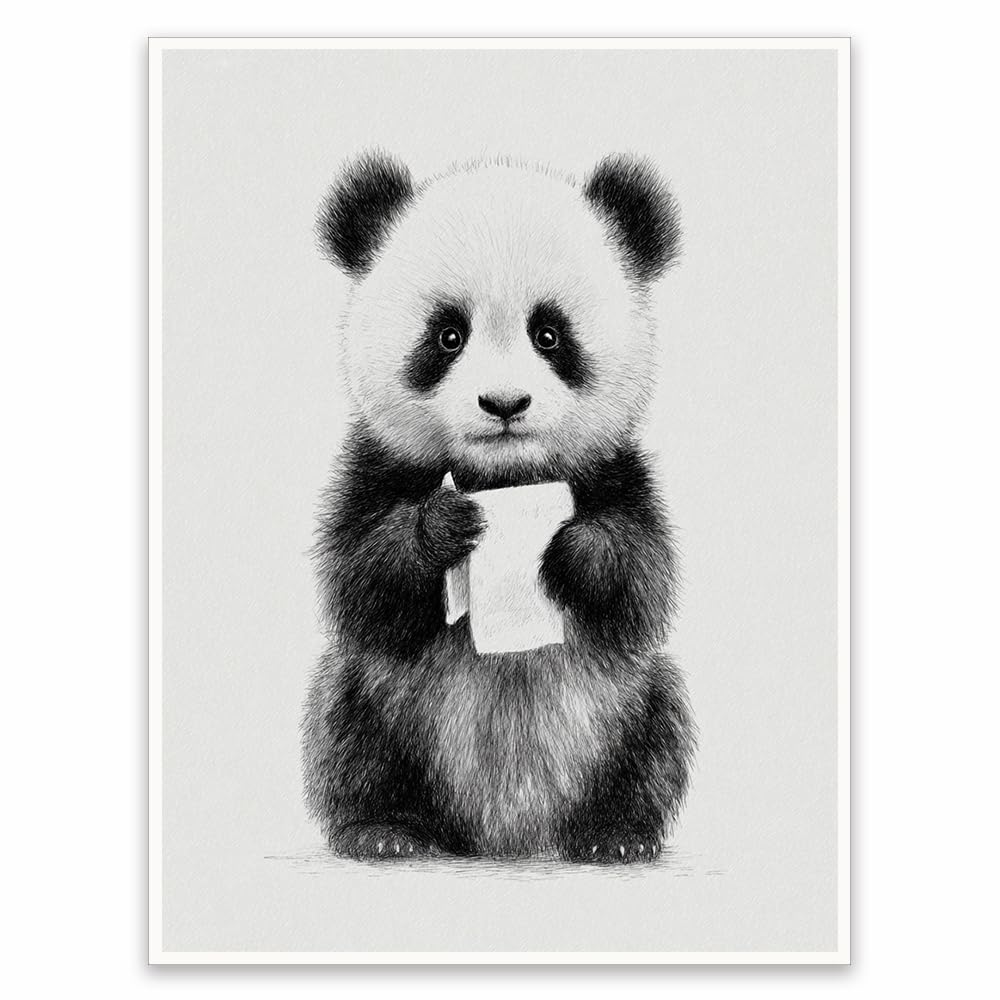 Cute Panda Bathroom Wall Art Funny Toilet Paper Animal Poster for Kids Bathroom Decor Black and White Cartoon Panda Print 70x100cm Unframed