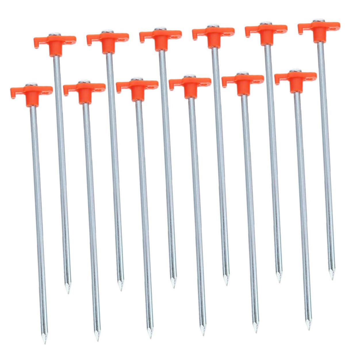 ABOOFAN 12 Piezas Piquetas de Acero para Tiendas de Campaña Diseño Alargado y Reforzado Resistentes Viento Fuerte Anclajes para Suelos Duros Arena y Camping al Aire Color Naranja