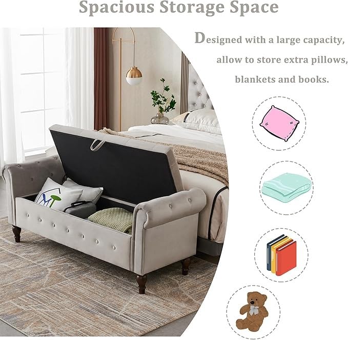 Image of LEGACY OF COMFORT F4 Velvet Upholstered Storage Bench Sofa Bench Sofa couches Rolled Arm Window Bench Ottoman Bench 2 Seater Sofa Chaise Lounger or Living Room Bedroom Office (Light Grey)