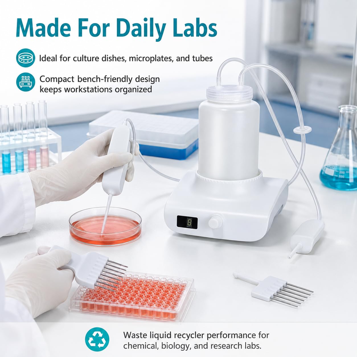 Reciclador de líquidos residuales con aspirador de vacío de banco de laboratorio de 1 litro, ajustable en 8 velocidades, succión de 1,6 l/min, pantalla LED, filtro de 0,45 μm para uso en laboratorio