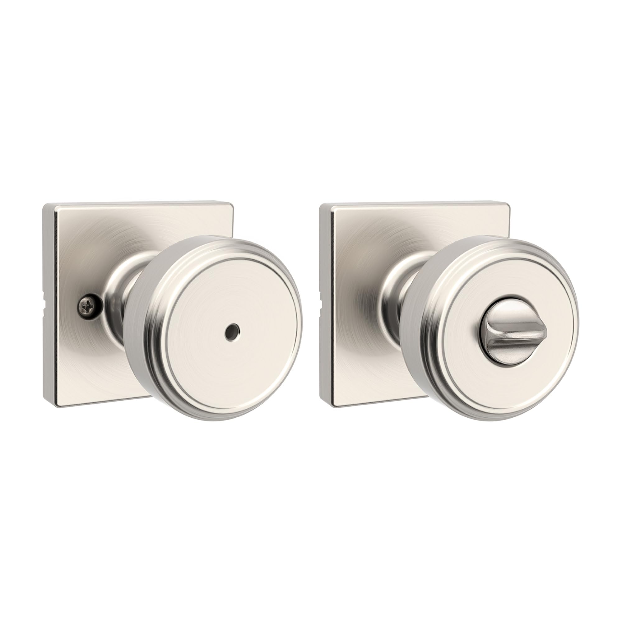 Kwikset Maven Interior Privacy Door Knob with Lock, Square Door Handle for Bathroom and Bedroom, Satin Nickel Keyless Turn Lock Doorknob, with Microban Protection