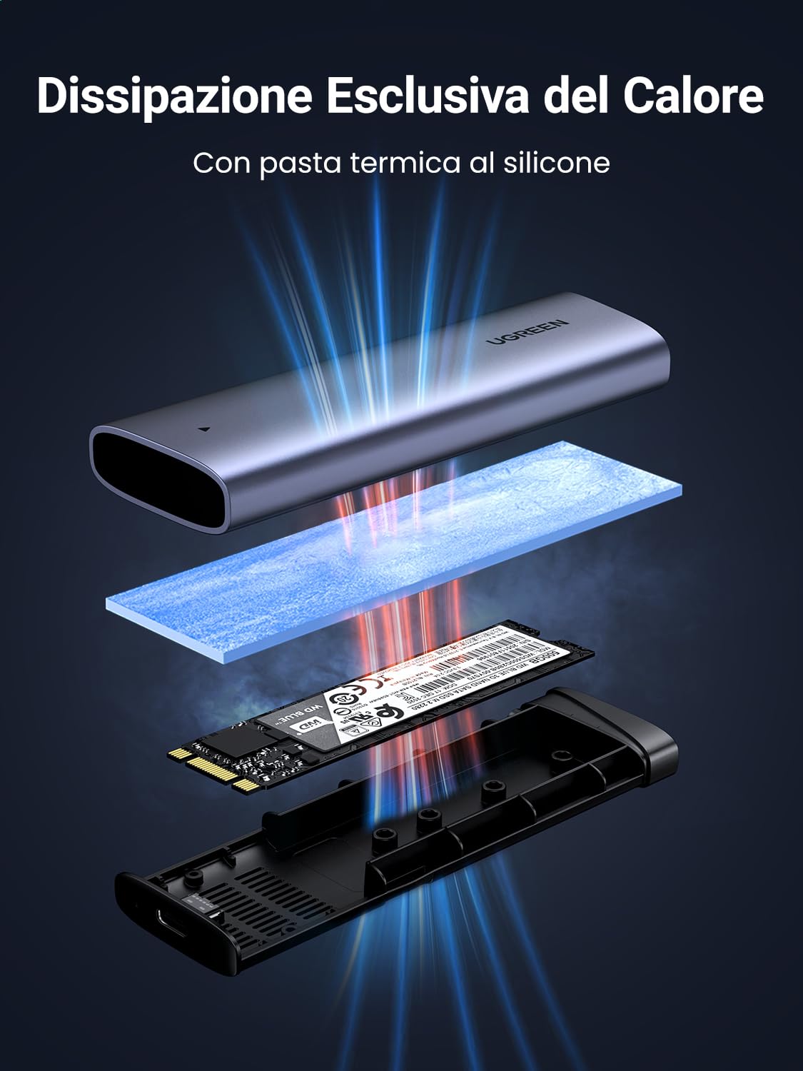 UGREEN Case SSD Hard Disk Esterno M.2 NVMe PCIe USB C 3.2 Gen 2 10Gbps UASP,Compatible con 4TB M Key/M+B Key 2230/2242/2260/2280 con Cavo (Non Supporta SATA)