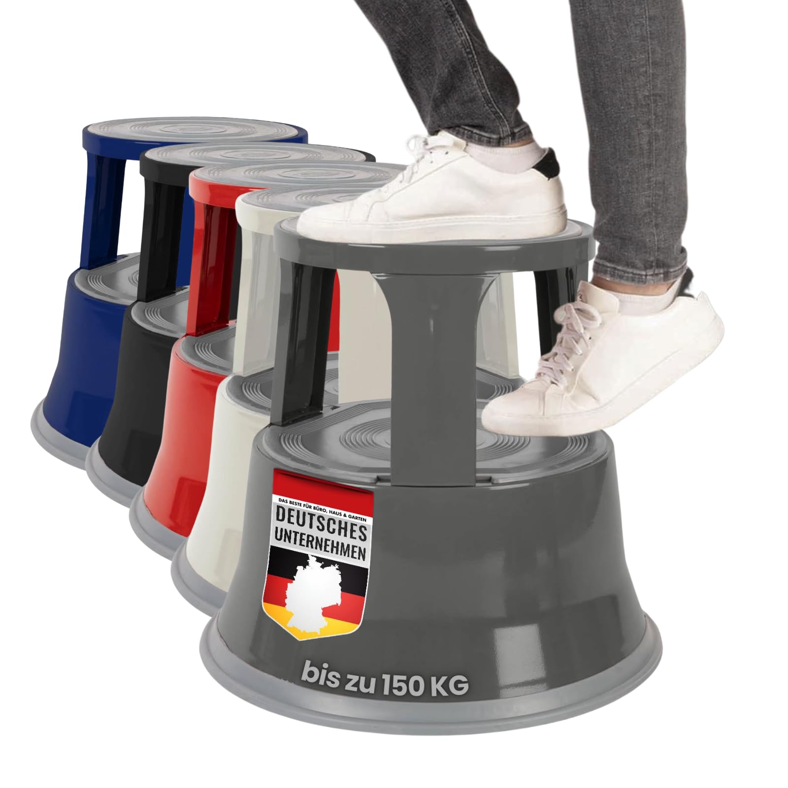 casa pura Tritthocker aus Stahl, Rollen, rutschfeste Gummi-Trittfläche, stoß- & rostbeständig, 150 kg Tragkraftc (Grau)