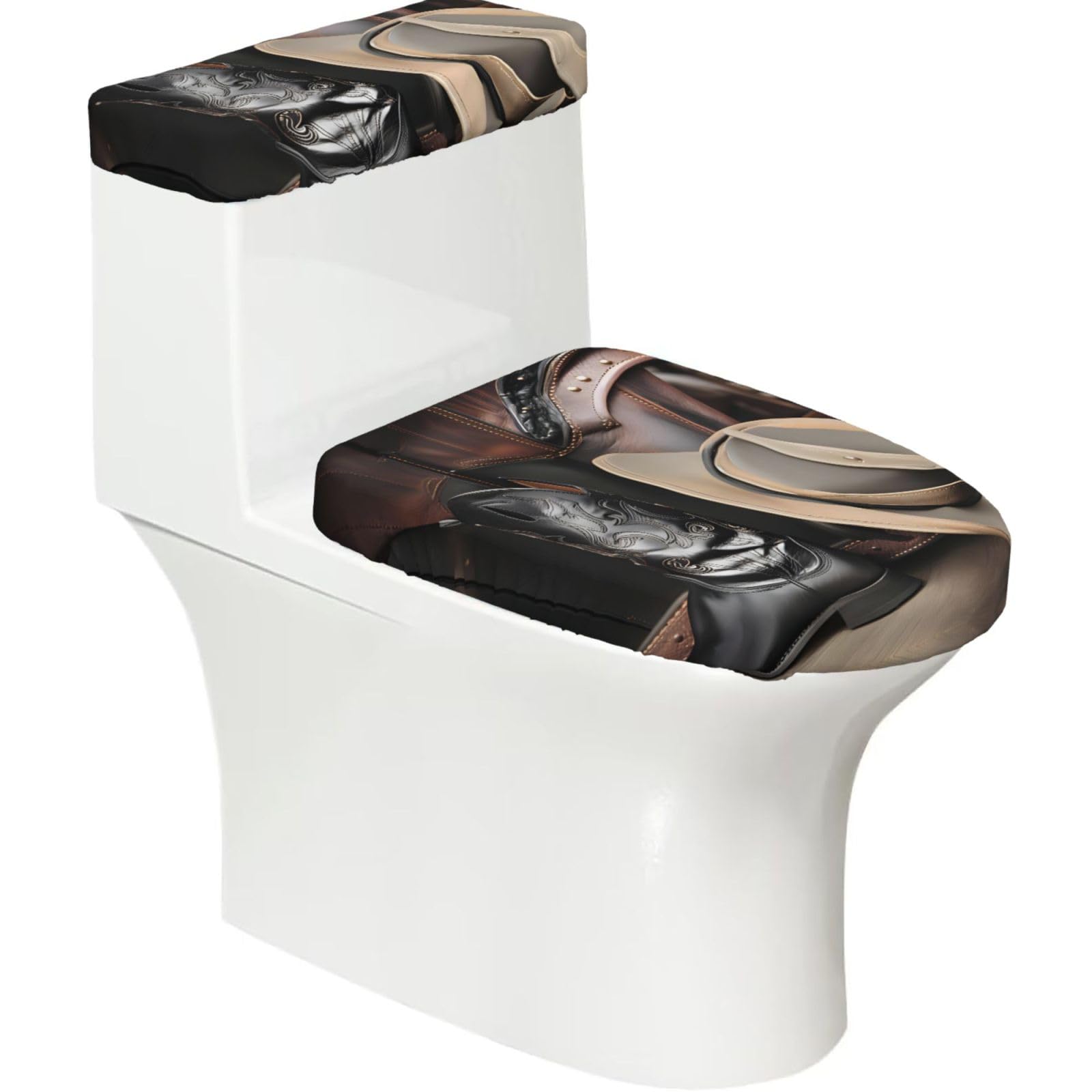 Cowboy Black Hat Western Boots Elastic Toilet Cover Set of 2-Stretchy Lid and Tank Covers for Bathroom, Soft Washable U Shape Toilet Decor