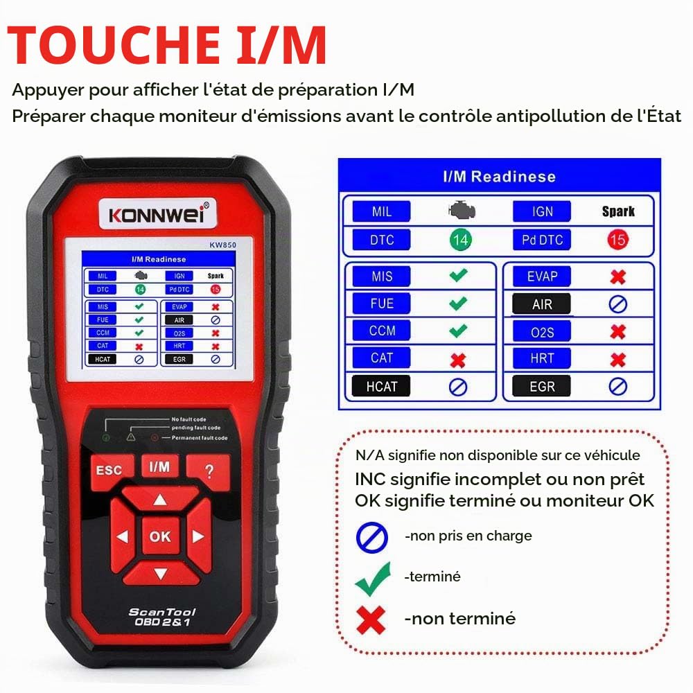 KONNWEI KW850 OBD2 Diagnostic Auto Valise Voiture,OBD Diagnostique Français Auto Multimarque, Lecteur de Code d'erreur de Moteur, Valise Effacer Defaut Voiture pour BMW Peugeot VW Véhicules