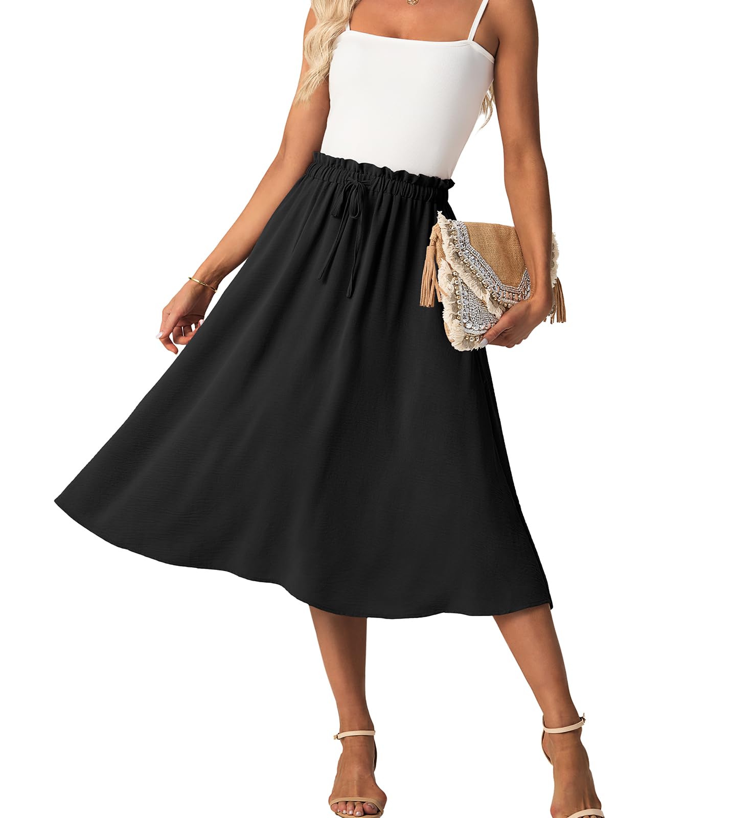 High Waist Skirts for Women Below Knee Casual Flowy Summer Midi Skirts Palazzo A-Line Long Skirt with Pockets