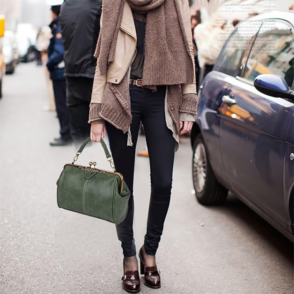 EDIWER Handbag for Women Leather Shoulder Bag Kiss Lock Top Handle Satchel Purse Vintage Crossbody Bag Evening Clutch Purses