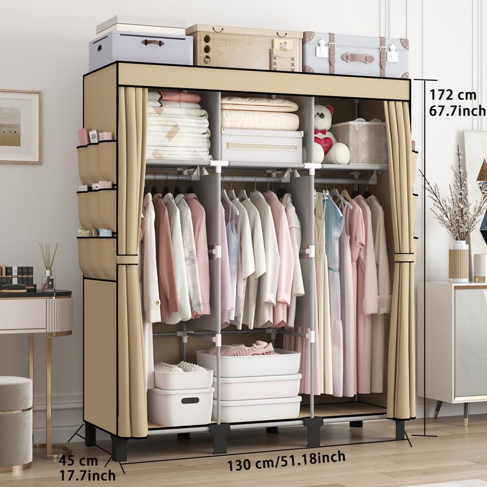 Tragbarer Vlies-Stoffschrank 130x45x170cm faltbar mit 3 Hängebereichen & 18 Seitentaschen (Beige)